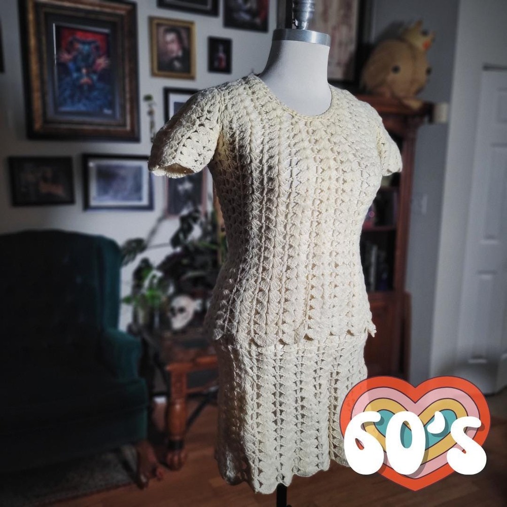 Wool Crochet Knit Skirt Set Top Vintage 1960s Dress Cream Hong Kong Handmade S